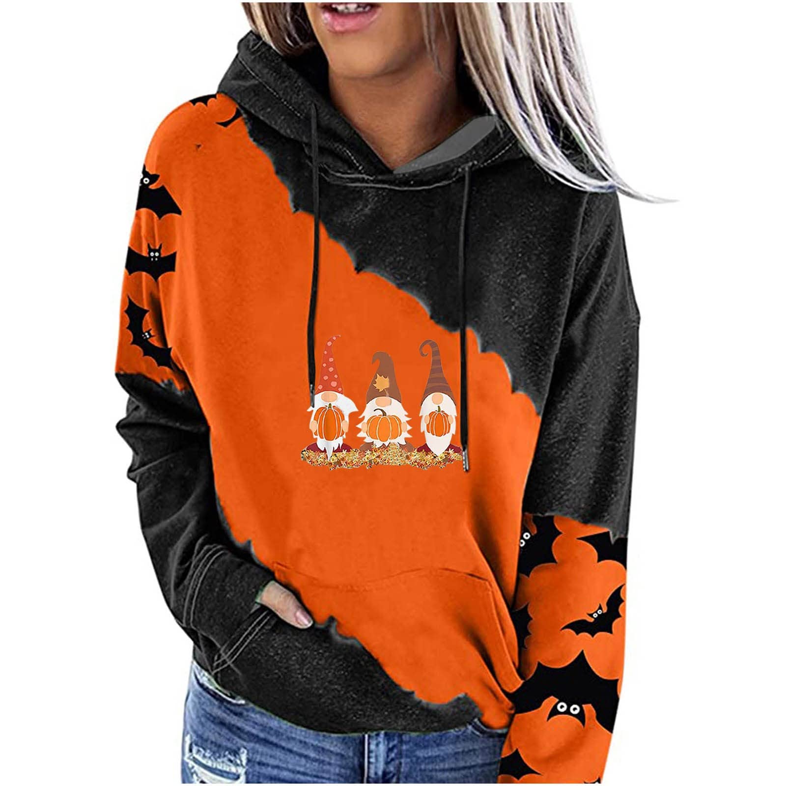 Damskie bluzy z kapturem na Halloween 2022 kolorowe bloki codzienna bluza z kapturem z długim rękawem lekka bluza topy UK promocja wyprzedaż wyprzedaż, A1_pomarańczowy, L