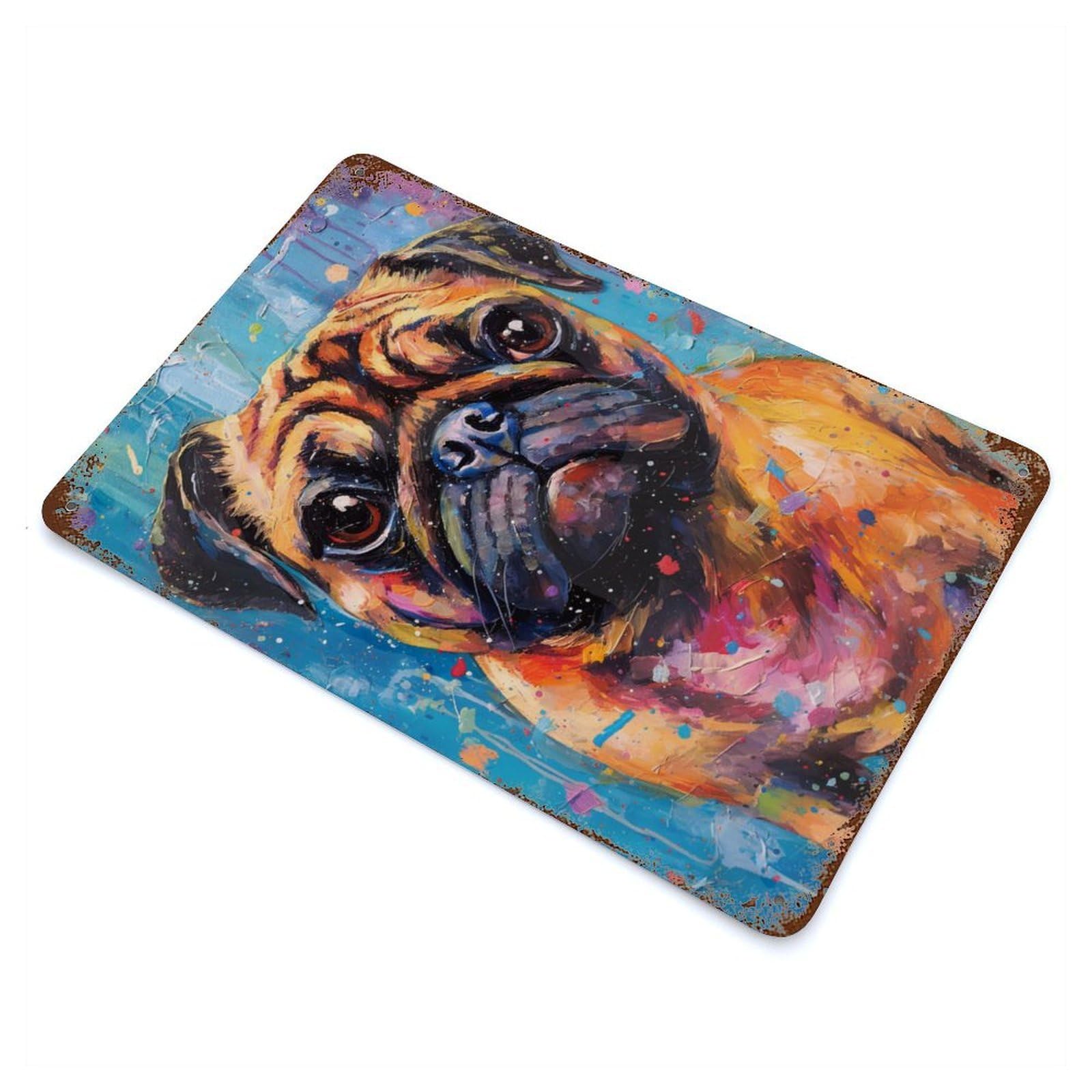 Distressed Metal Wall Sign with Palette Pug Dog Painting Design 11.8"x7.9", for Living Room, Hallway And Home Decor, Vintage Wall Decor