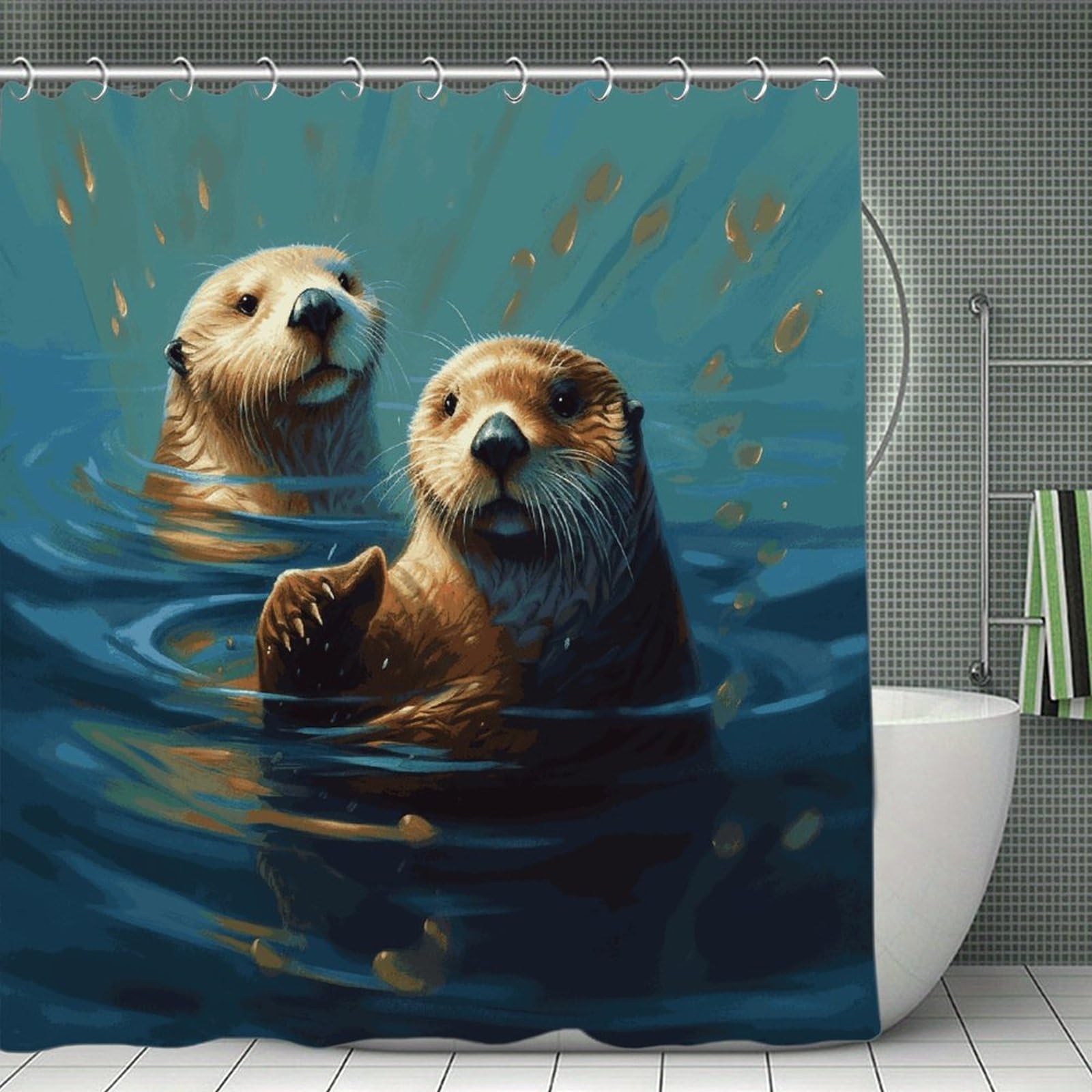 FekiLoot Sea Otters Painting Shower Curtain Minimalist Thick Bathroom Curtain Washable Modern Bathroom Shower Curtain Heavy Duty Waterproof Cloth Bath Curtain with Hooks 70.8"x70.8"