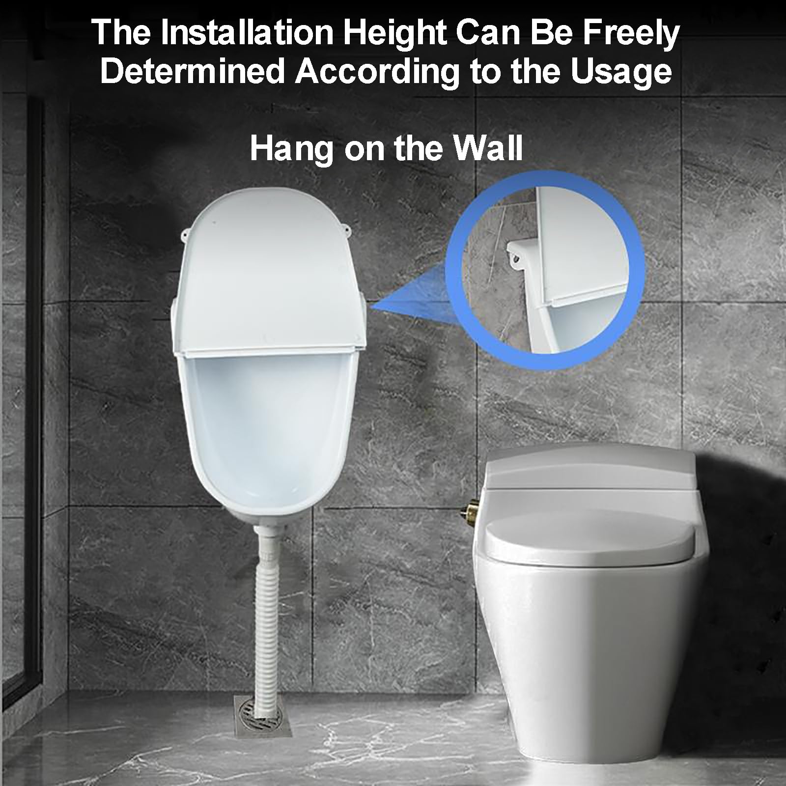 Urinal mit Deckel Wandmontiertes Urinale für Herren, Badezimmer, Garage, Erwachsene, Kunststoff-Urinal Spülventil und Schlauch, Außentoilette, Urinabscheider(White)