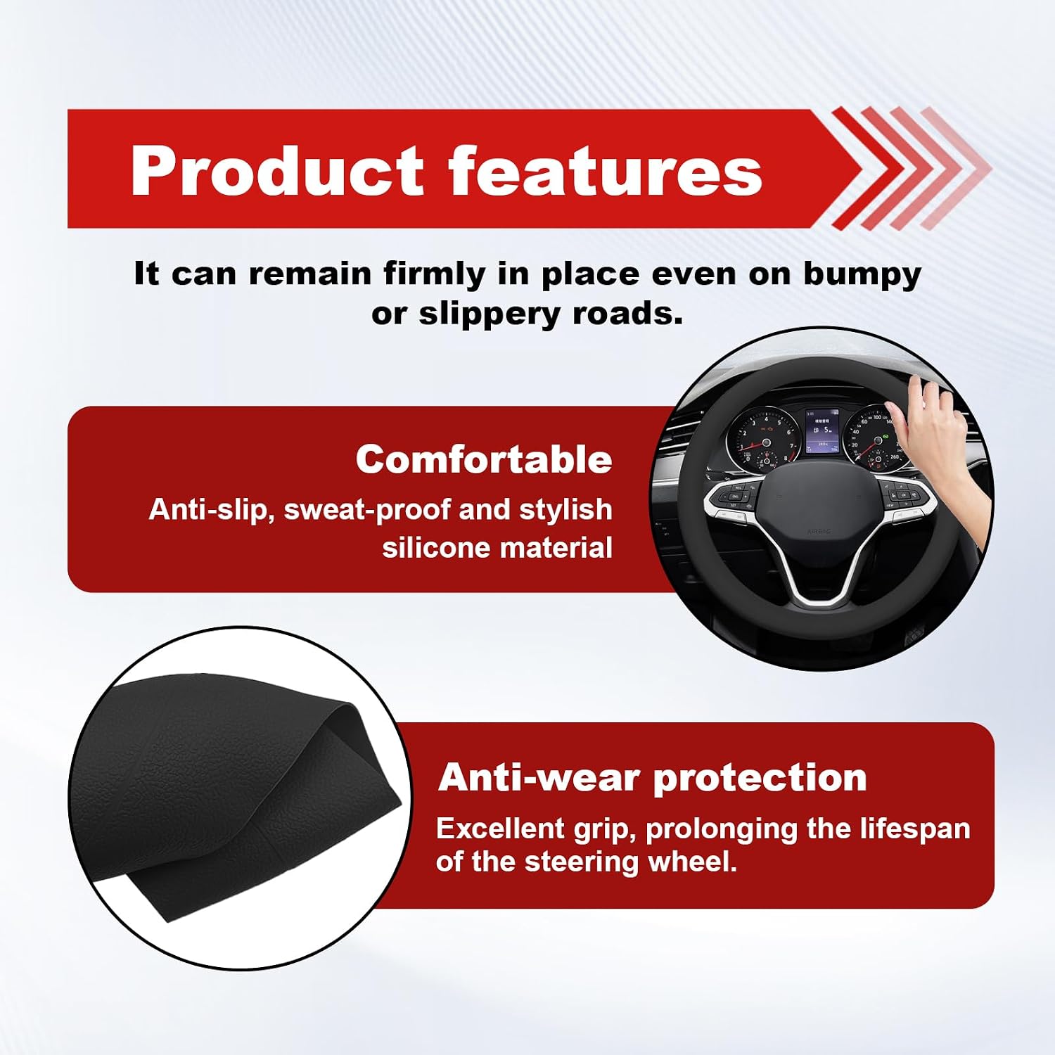 Car Steering Wheel Cover, Cool Non-Slip Silicone Steering Wheel Protector, Universal Auto Parts Steering Wheel Cover for Most Cars, SUVs(Black)