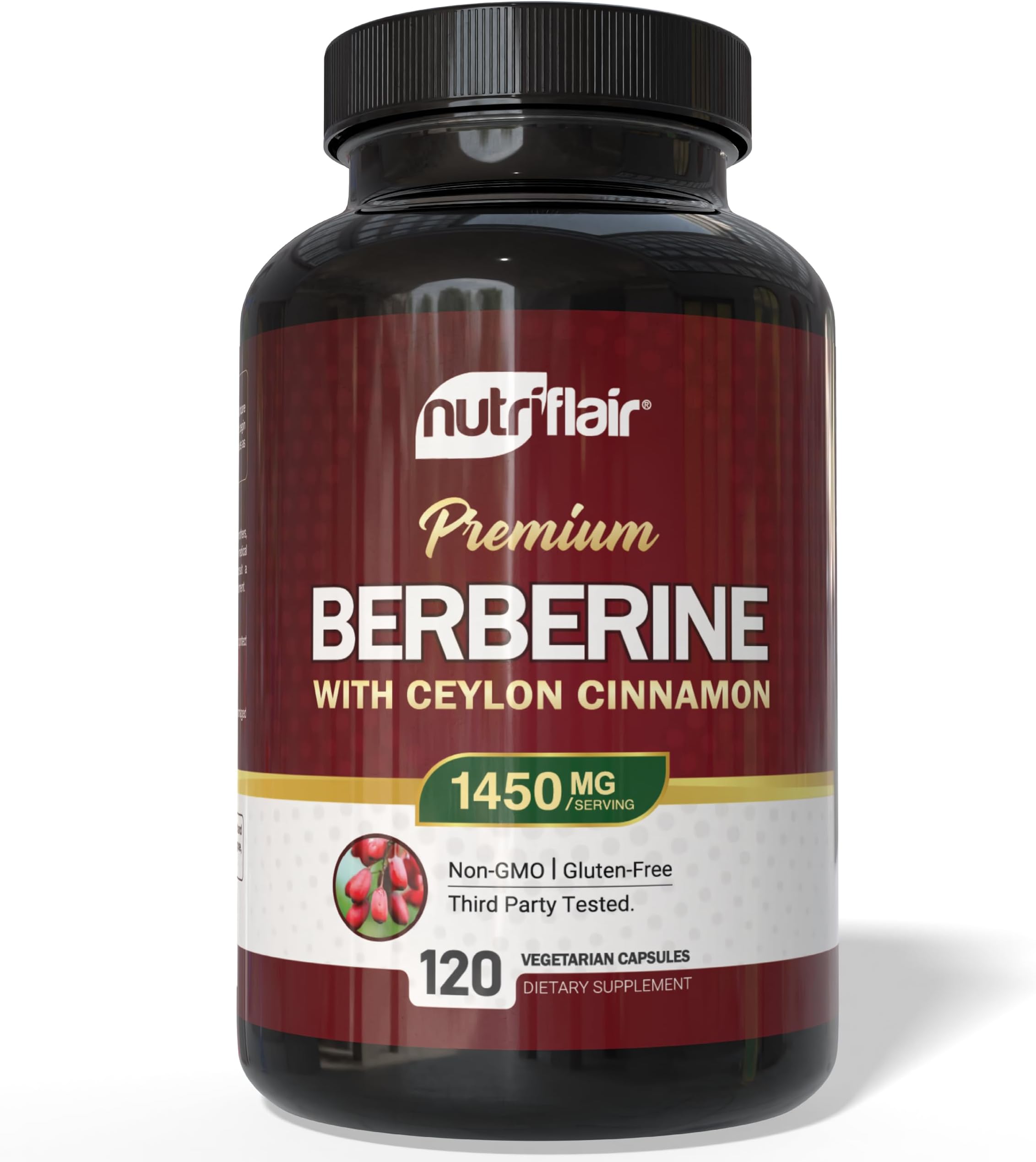 NutriFlair Berberine with Ceylon Cinnamon 1450mg Supplement – 120 Capsules | High Potency Formula with Berberine HCl & Organic Ceylon Cinnamon | Non-GMO, Vegan, Gluten-Free