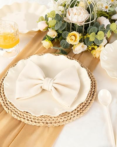 Miniatura 4 de LIYH - 20 piezas platos de plástico beige de 10 pulgadas reutilizables, platos de cena de plástico irrompible festoneados ondulados para baby