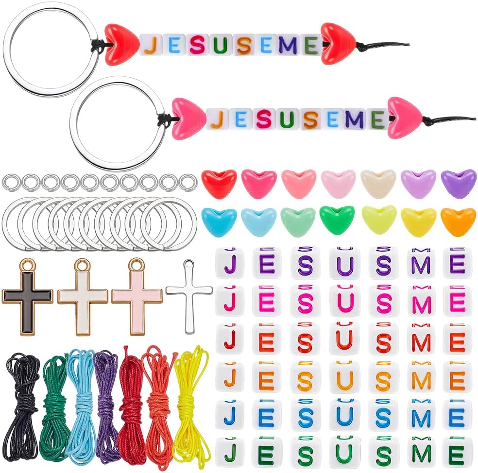 WADORN 50Sets Cross Keychain Making Craft Jesus Love Me Faith DIY Bead Craft Kit Easter Heart Keychain with Adjustable Letter Beads Inspirational Key Ring Gift for Vbs Week Sunday School Church Party