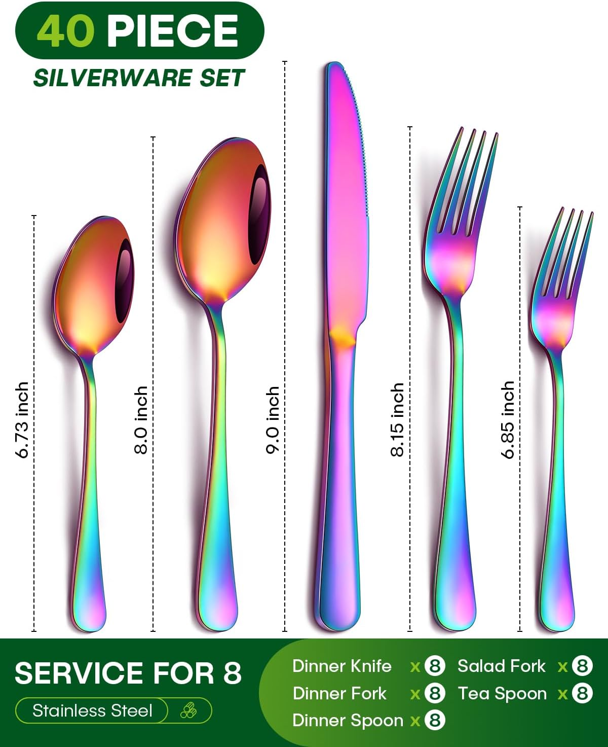 PHILIPALA 40 Piece Rainbow Silverware Set, Stainless Steel Flatware Set for 8 Colorful Cutlery Utensil Set Include Knife Fork Spoon Food Grade Mirror Polished Dishwasher Safe