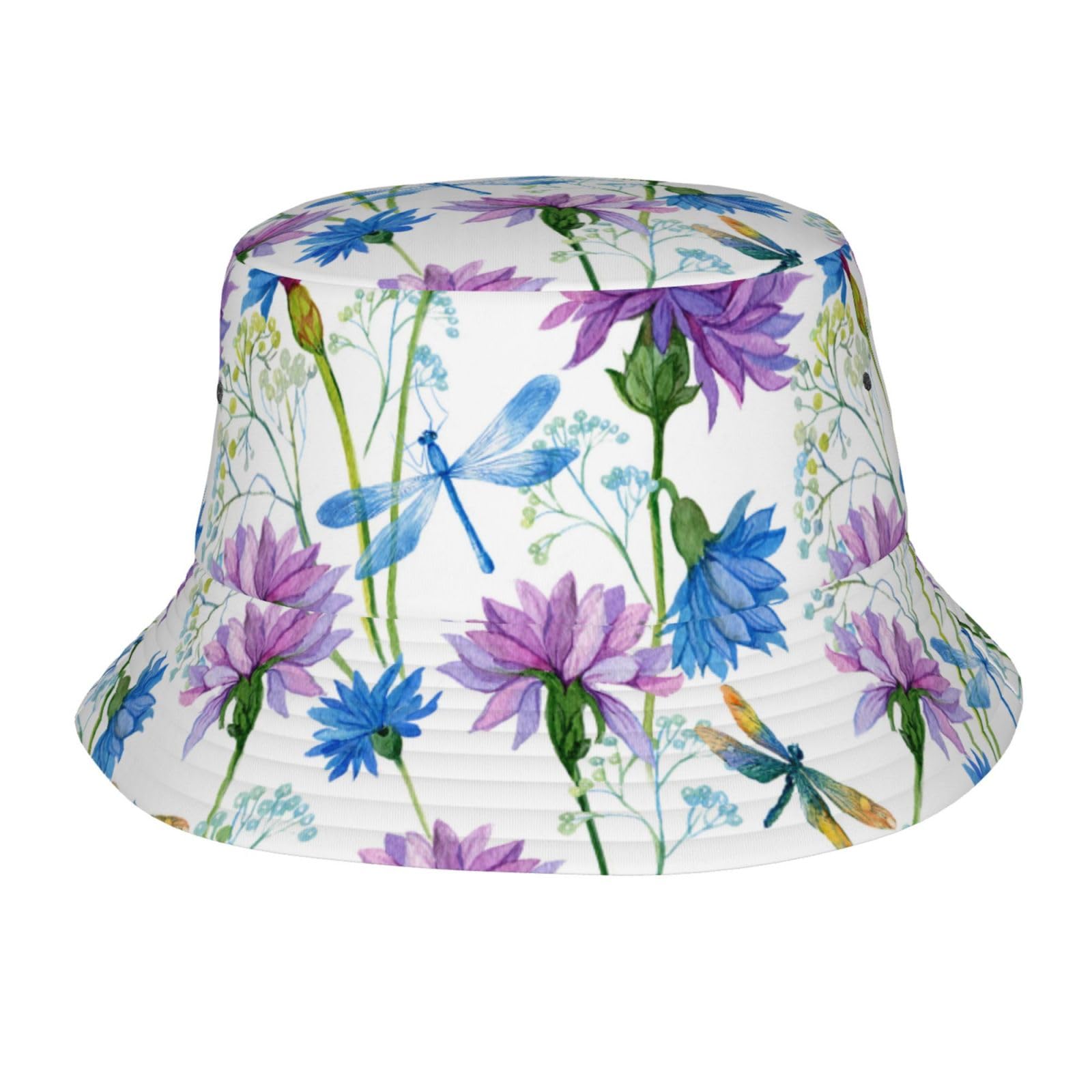 YOFIEN Watercolor Blue Flower Dragonfly Bucket Hat for Woman Men, Mens Women Summer Hats