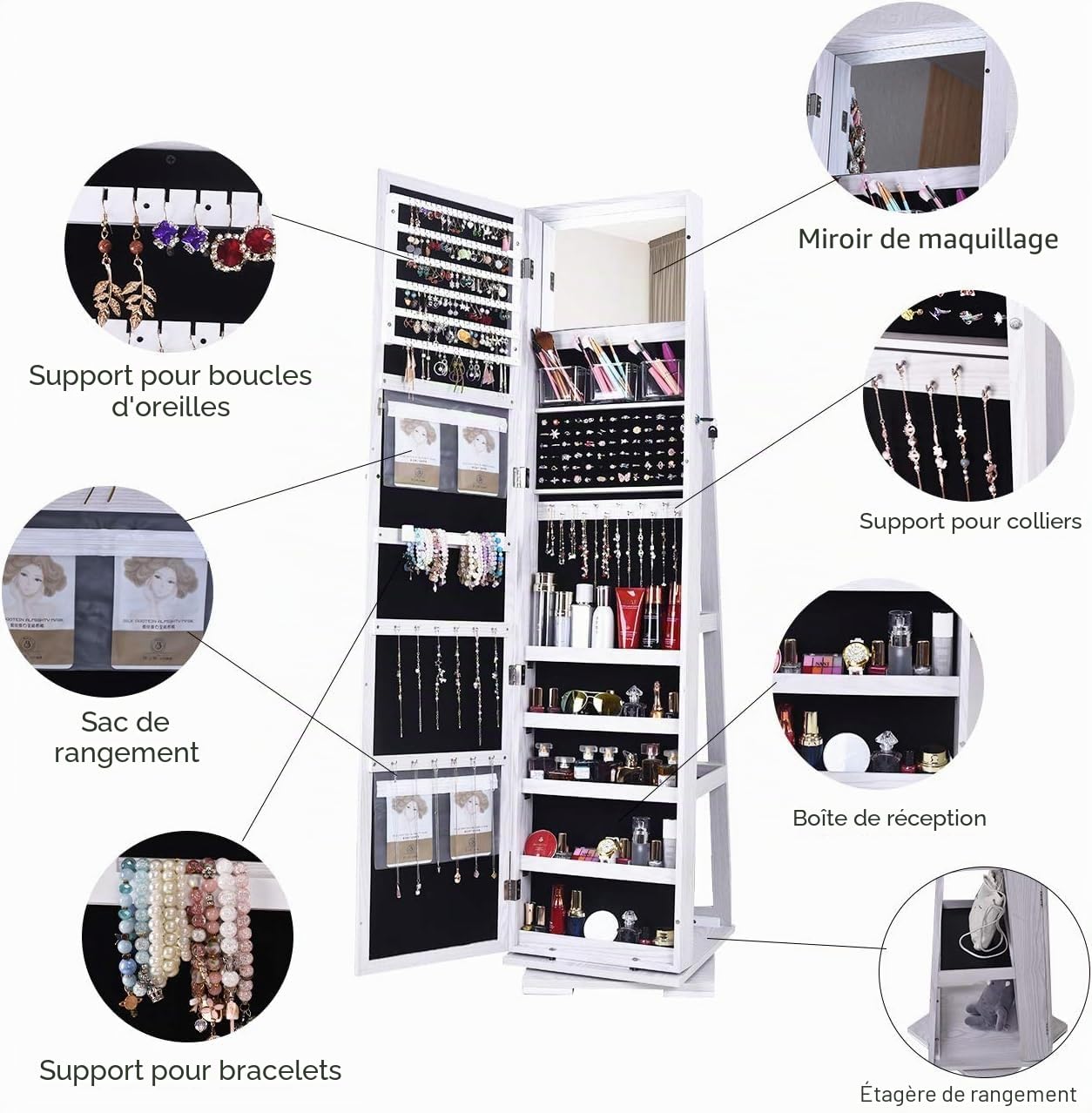 sogesfurniture Armoire à Bijoux sur Pied, Armoire de Rangement cosmétiques avec Miroir Plein Longueur et Étagères Arrières, Rangement Bijoux Verrouillable, Pivotante à 360°, Blanc