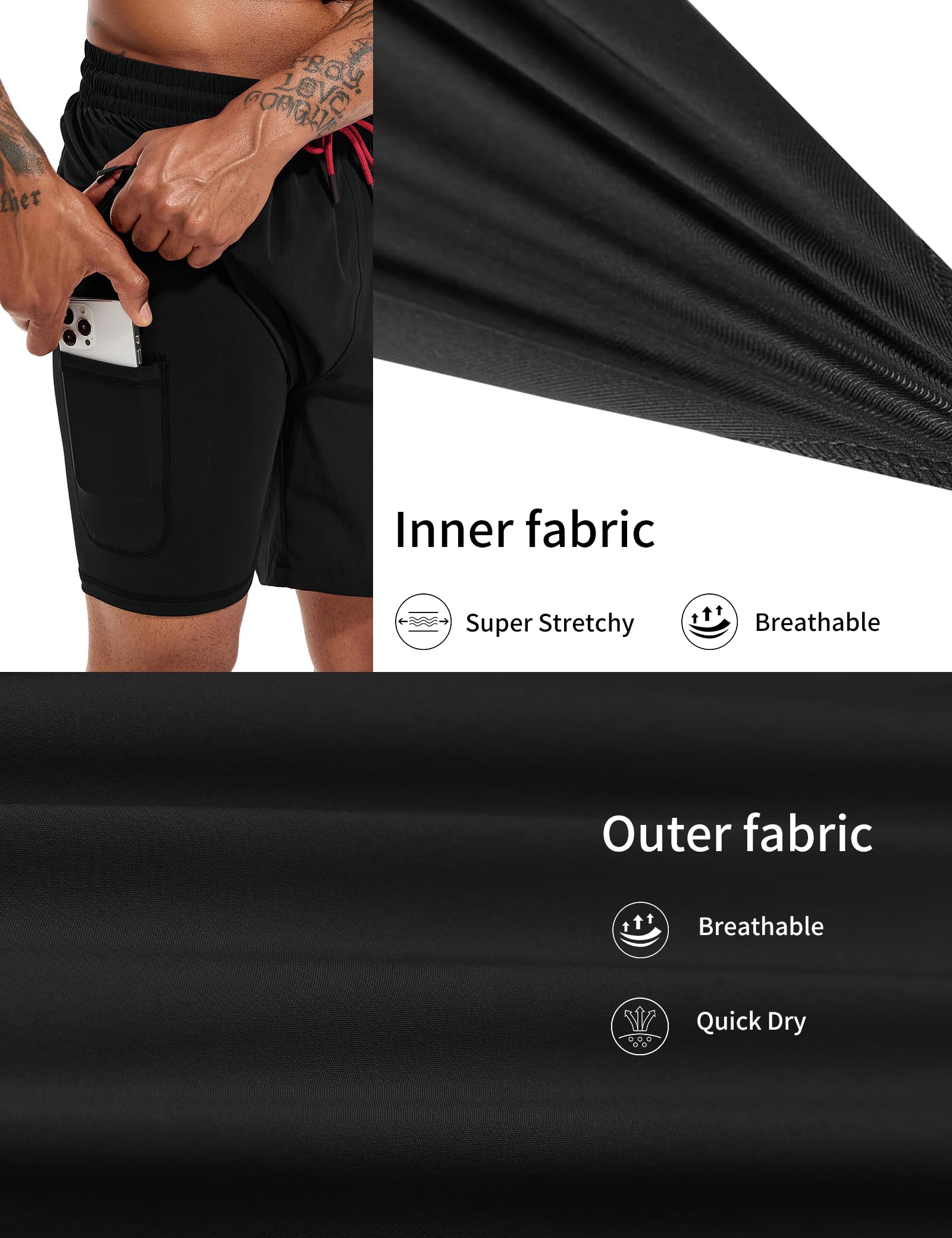 Costume da bagno da uomo, lungo, 2 in 1, con compressione, ad asciugatura rapida, traspirante, con chiusura lampo, coulisse regolabile