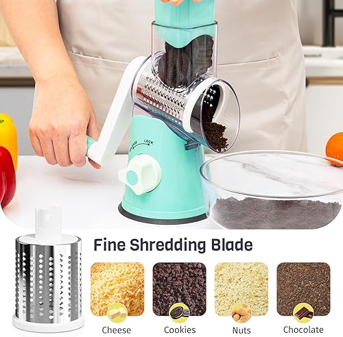 Miniatura 5 de Rallador giratorio de queso, manivela de mano, trituradora de 3 cuchillas, rallador de queso para cocina, herramienta de cocina multifuncional para