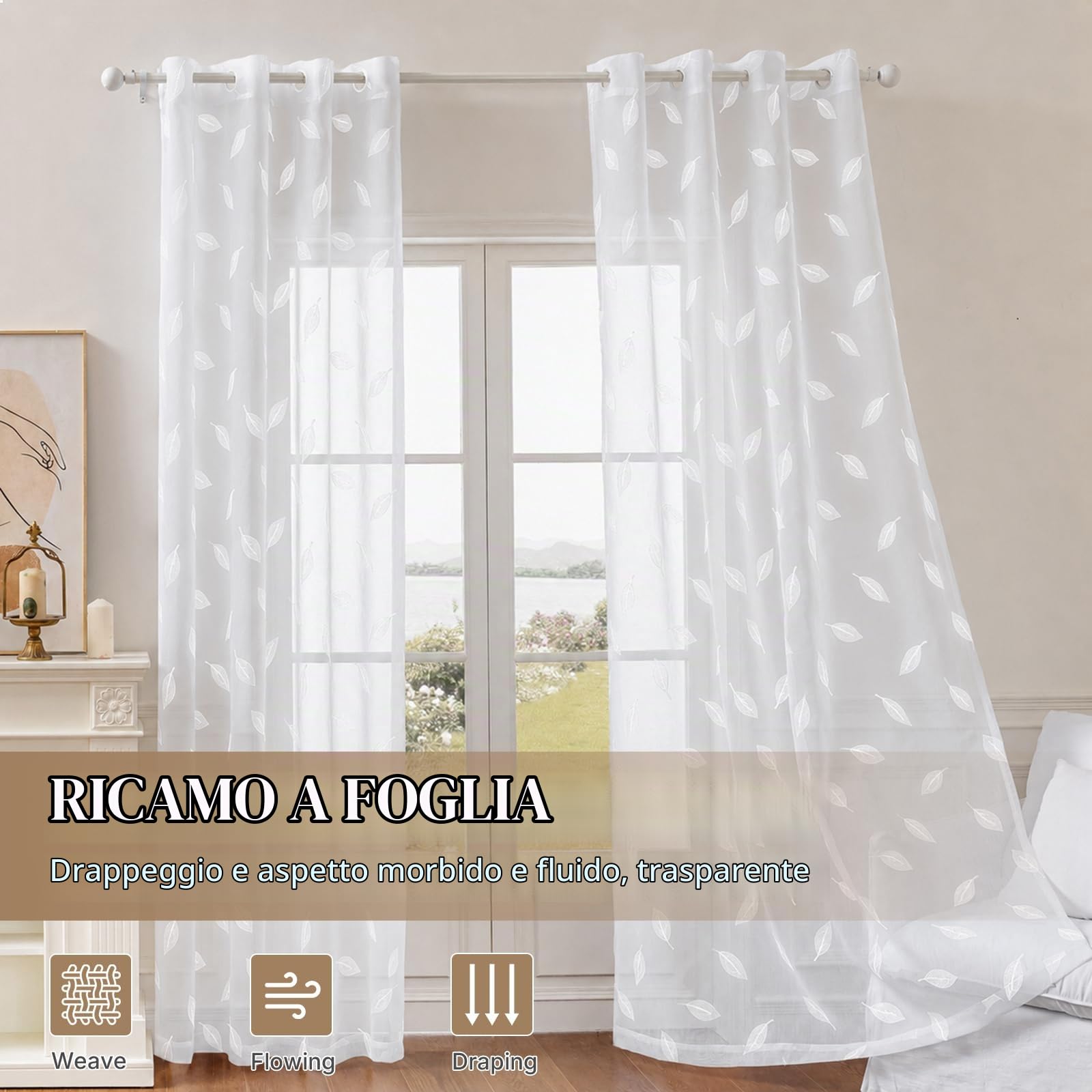 Tende Per Interni Moderne In Voile, 2 Pezzi 140x300cm, Voile Semi Trasparenti Tende Con Ricami, Tenda Con Occhielli, Per Soggiorno Camera Cameretta Balcone Finestra, Bianco