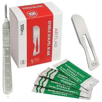 ARTLAB-100 pcs #10R Dermaplaning Scalpel Blades 0.7 mm Extra Wide Sterile Blades Carbon Steel - DermaPlane Individually Wrapped Dermablade Pack of 100 Blades + 1Ea Scalpel Handle #3
