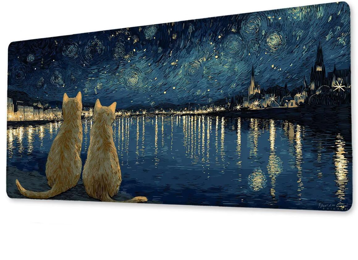 Alfombrilla Ratón XXL 600x1200x3 mm Mouse Pad Grande Gaming El Cielo Estrellado del Gato Alfombrilla Escritorio,Tapete Escritorio Bordes Cosidos, Impermeable Antideslizante Ordenador Desk Mat zj-263