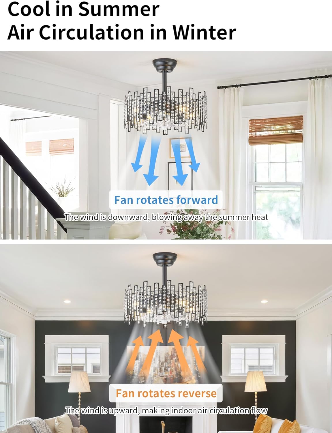 20" Black Fandelier Ceiling Fans with Lights, Bladeless Caged Ceiling Fan with Light Remote Control, Modern Crystal Enclosed with 6 Speeds for Bedroom, Living Room, Kitchen