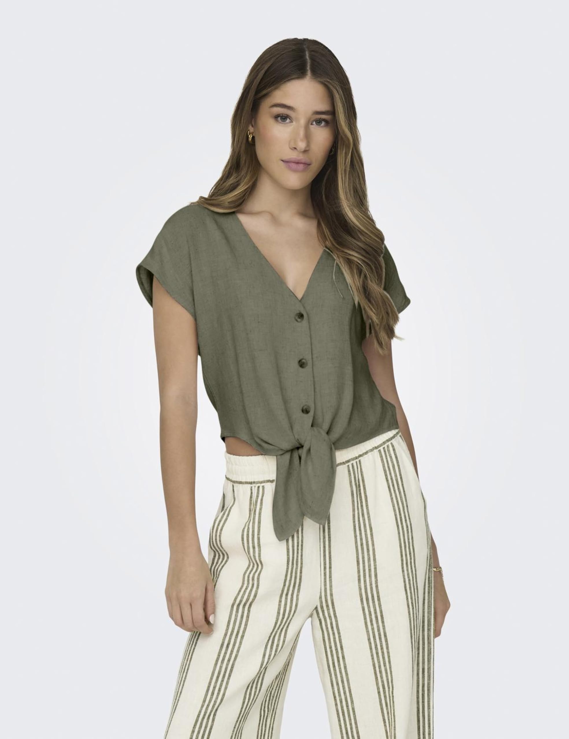ONLY Damen Kurzarm Bluse mit Knopfleiste und Bindeschleife Cropped Shirt