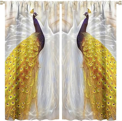 Miniatura 103 de Cortina opaca con estampado de pavo real, con estampado de animales retro, con bolsillo para cortinero y flores de peonía doradas, para dormitorio,