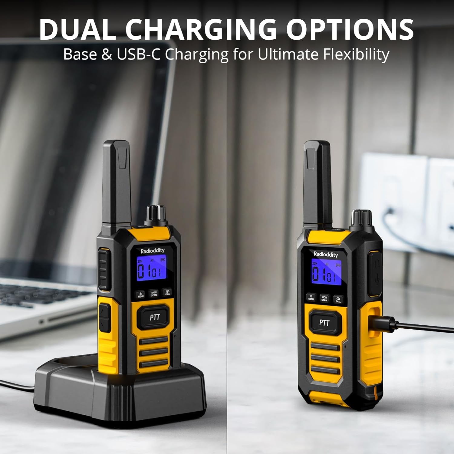 Radioddity HD-1 Walkie Talkie showing both charging methods: via charging dock and directly via USB-C cable.