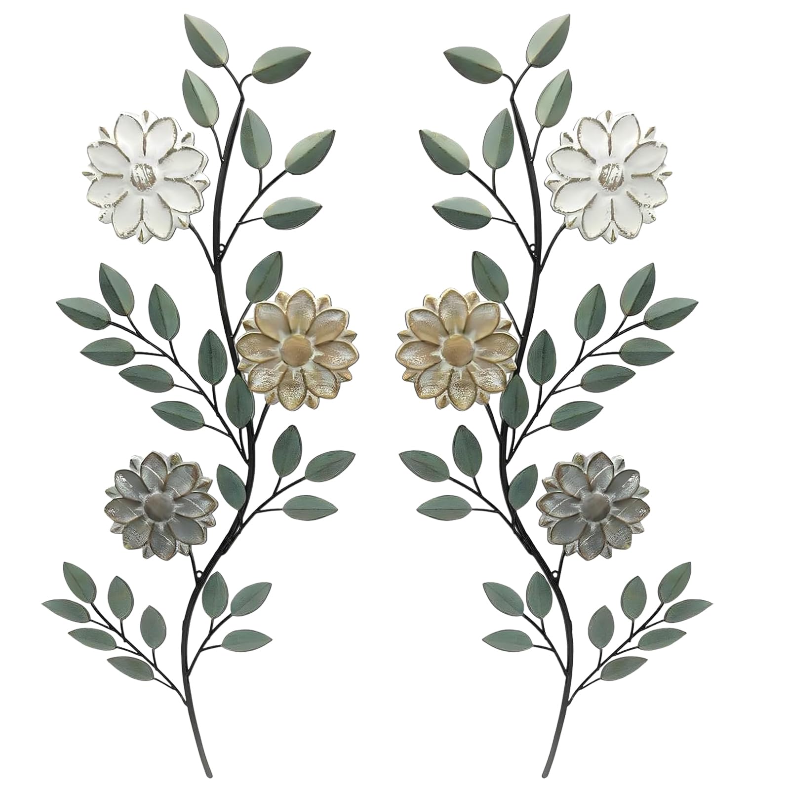 2 Pcs Metal Wall Art with Sunflower and Leaves, Garden Fence Art, 12.6in Metal Garden Ornaments for Indoor Outdoor Bedroom Living Room Porch Patio Kitchen(2D) (Green)