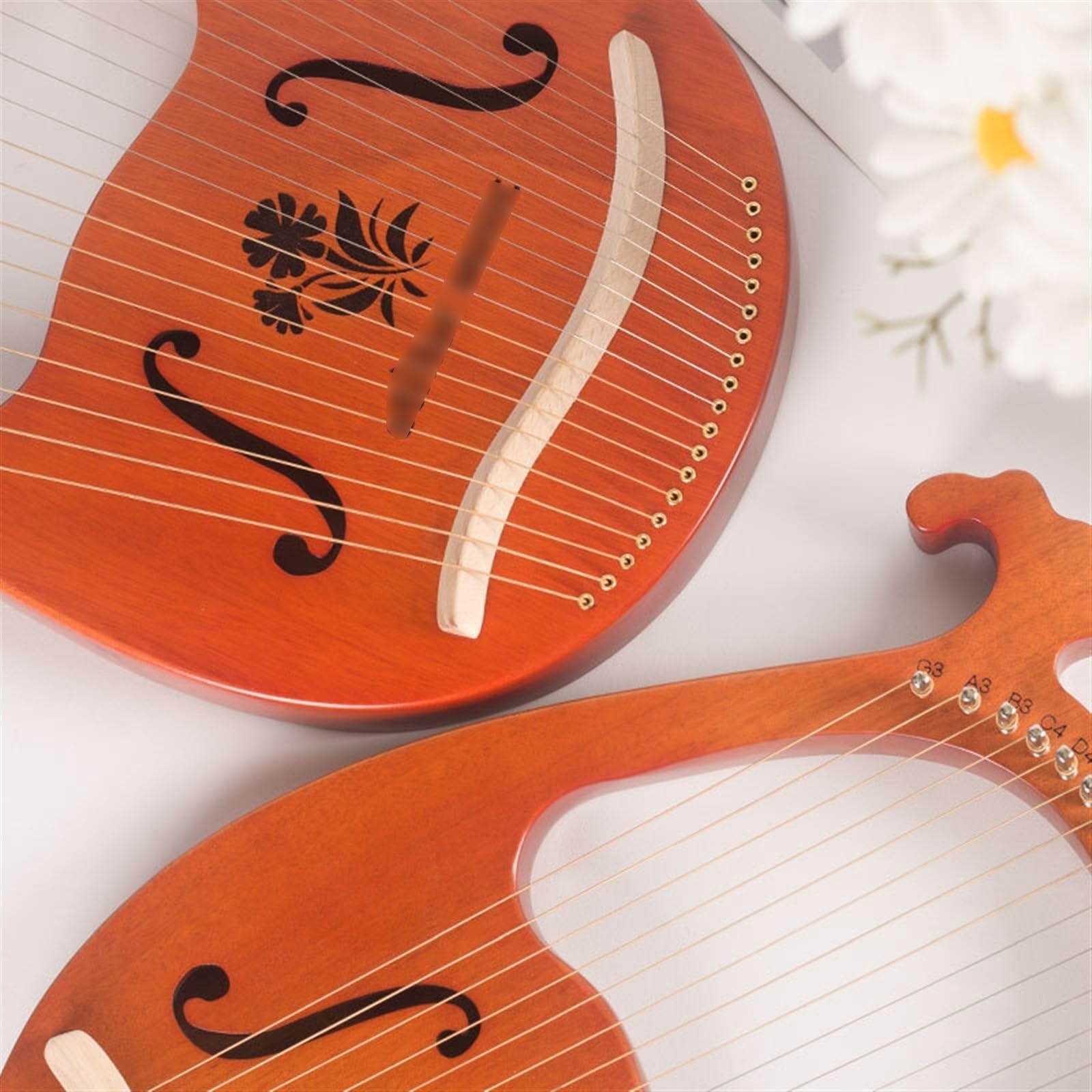 Resonanzraum Lyre Harfe Box Typ 16/19 Saiten Mahagoni Harfe Instrument Stimmschlüssel Ersatz-Saiten Schoßharfe Tragbar Reisen Camping Anfänger(16-String Antler Model-Flower)