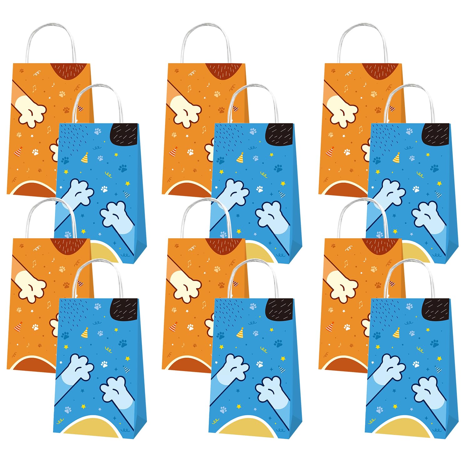 BOBORAT Blue Dog Pet-Themed Paper Gift Bags, 12 Pack, Blue and Orange Party Favor Bags with Handles, 8.3 x 4.7 inches
