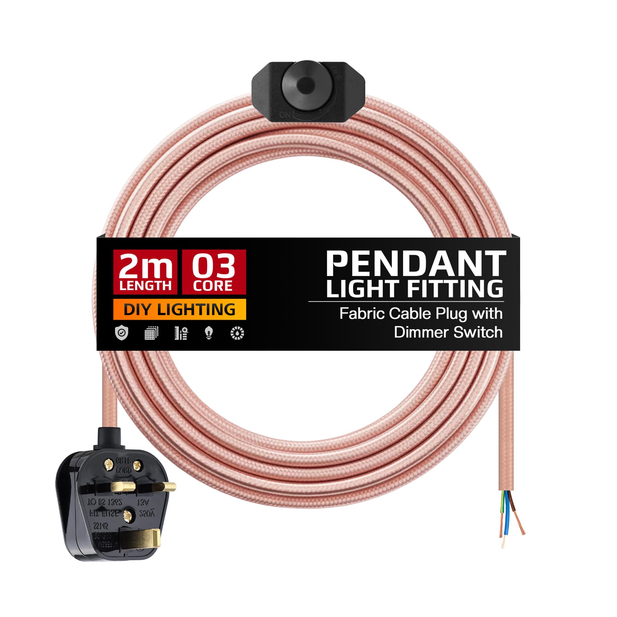Plug in Pendant Light Fitting 2m Fabric Cable Plug with Dimmer Switch 3 Pin UK Plug Hanging Plug in 3 Core Rose Gold Fabric Cable (Rose Gold)