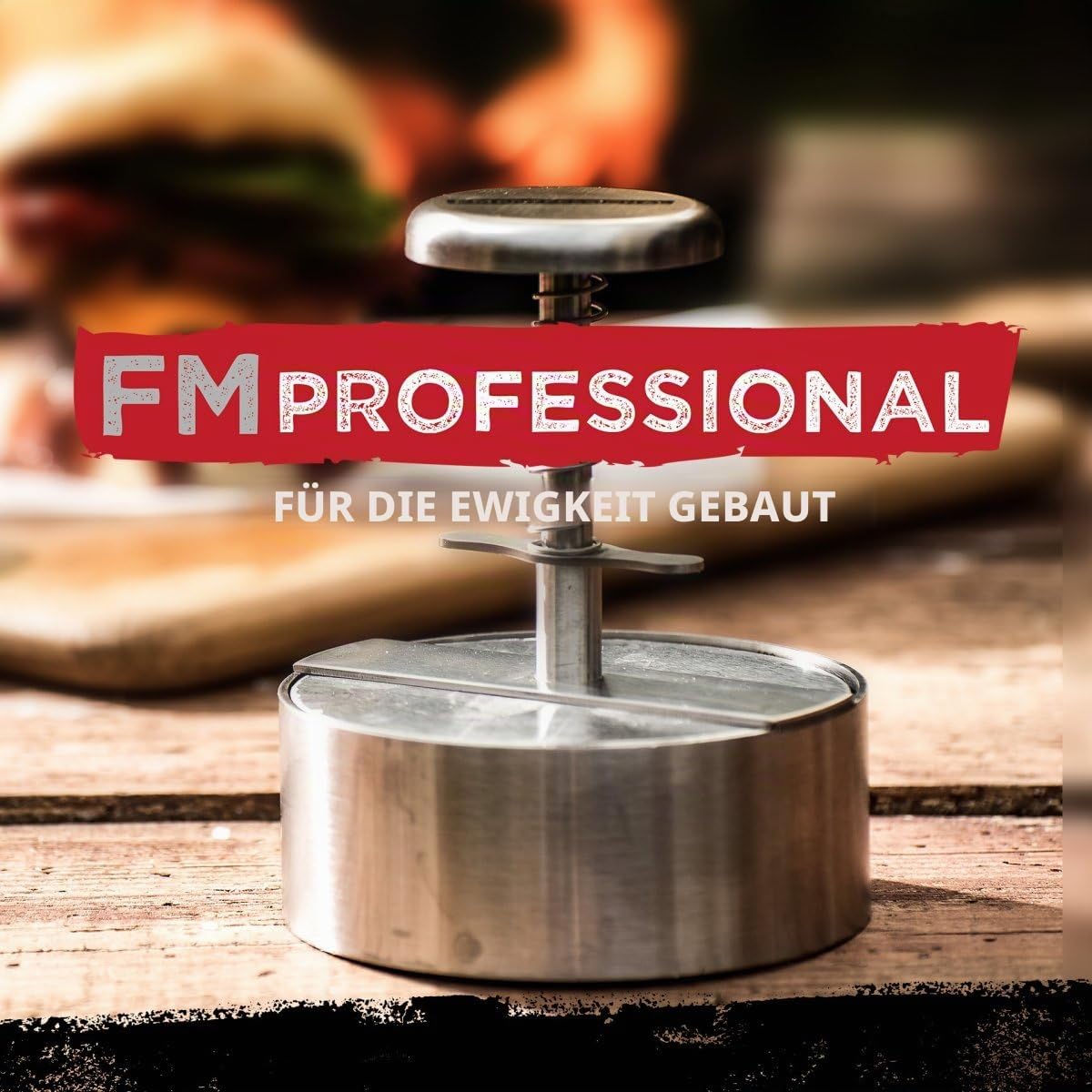 FMProfessional Burgerpresse für leckere Hamburger by Fackelmann – Hamburgerpresse mit 100g - 400g Patty – Presse aus Edelstahl für schmackhafte Burger | Hamburgerpresse mit Skala von 100 bis 400 Gramm, Handlicher Griff mit praktischer Halterung, Reinigung