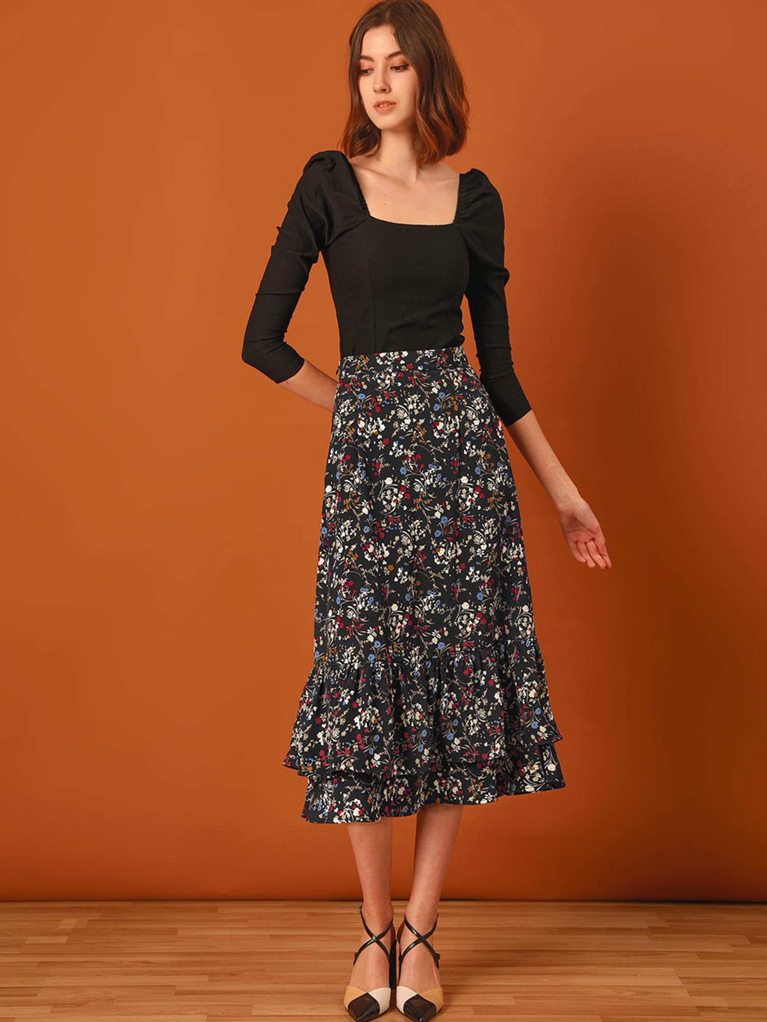 Allegra K Damen A Linie Chiffon Ruffle Blumen Maxirock Rock