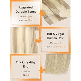 DOORES Tape in Hair Extensions Real Human Hair, Dark Blonde Highlighted Bleach Blonde 14 Inch 50g 20pcs, Human Hair Extensions Tape in Remy Straight Hair Seamless