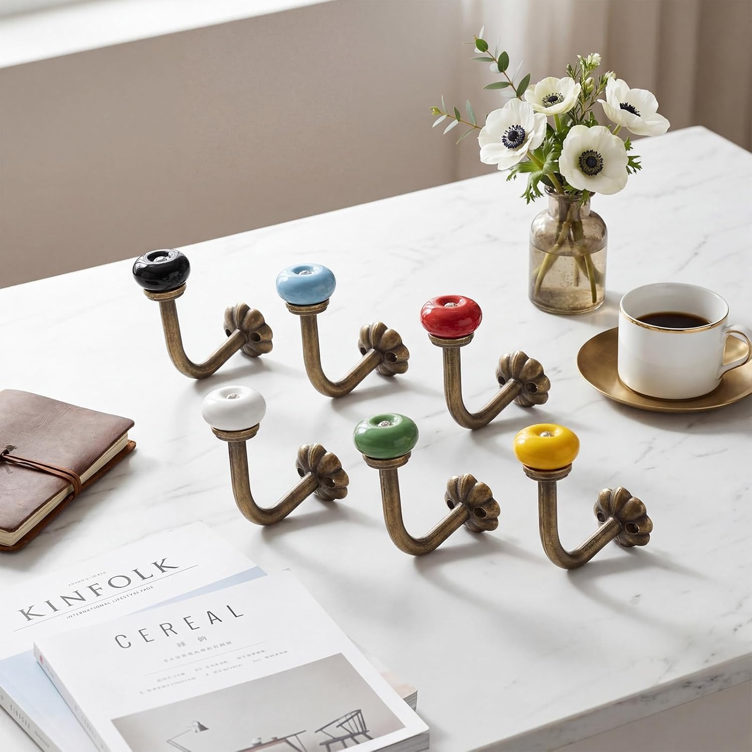 6 Pcs Vintage Wall Hooks Antique Ceramic Coat Hooks Decorative Wall Mounted Towel Hanger Zinc Alloy Single Prong Hook for Hanging Clothes Keys Hats Backpacks(2.95 x 2.24 Inch,Flower)