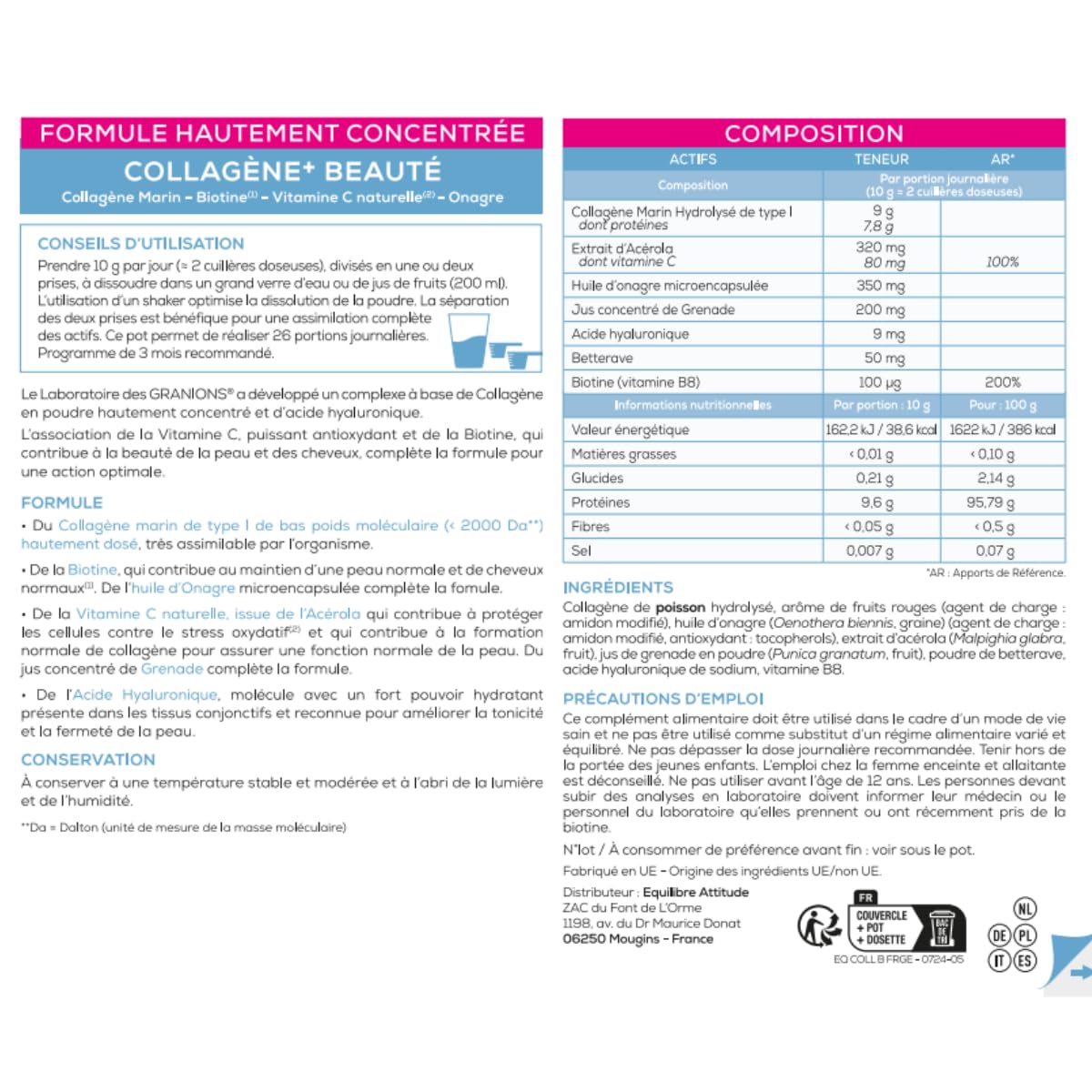 Kollagen Pulver 250g - Biotin Haare - Kollagen - Vitamin C - Hyaluronsäure - Schönheit Haut - Hohe Assimilation, Marine kollagen Geschmack Zitrone - Alternative kollagen kapseln - Granions