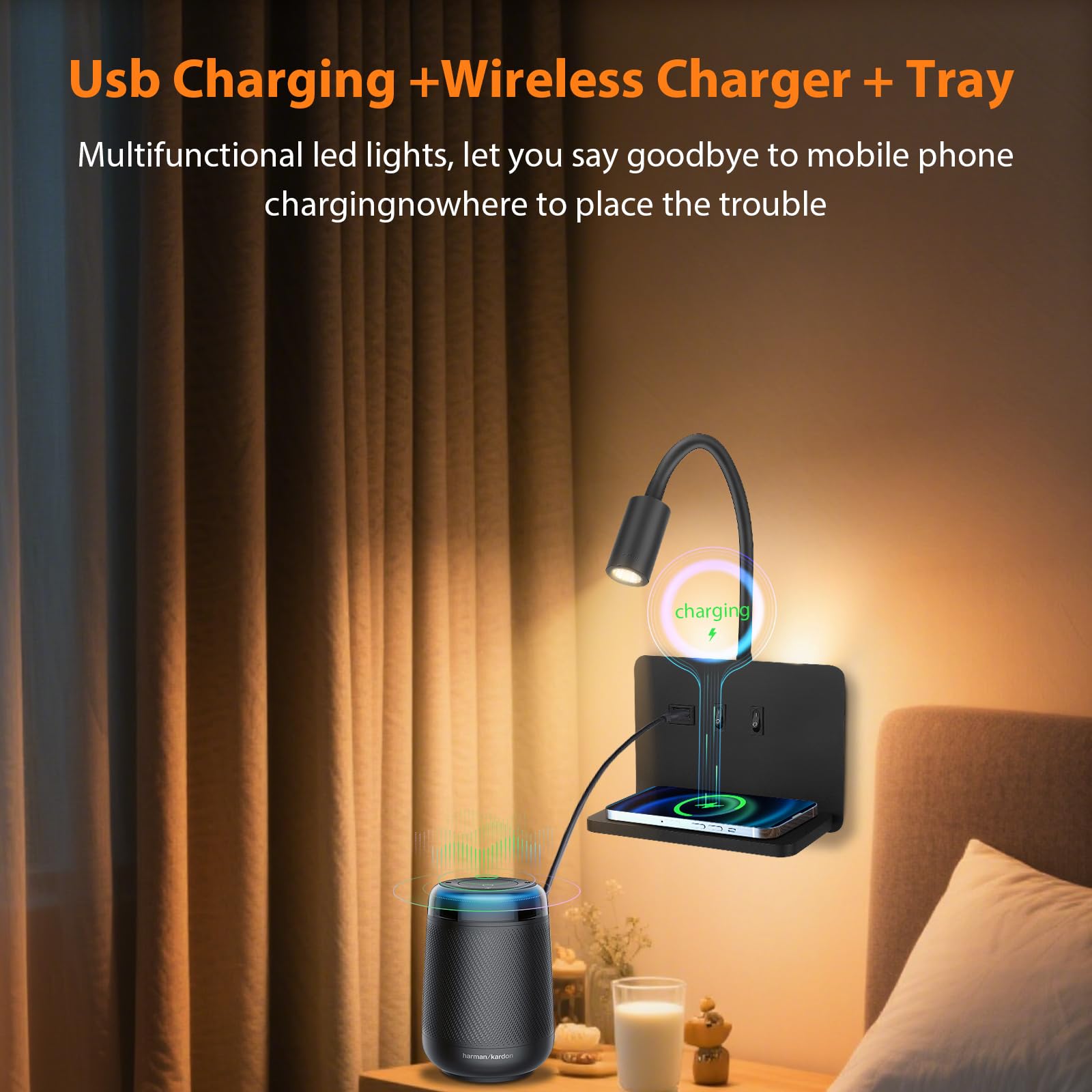Lampada da parete per comodino con porta di ricarica USB e Caricatore Wireless, lampada da lettura 3W + 9W 3000K, Faretto Regolabile Luce Ambientale per Camera da Letto(2)