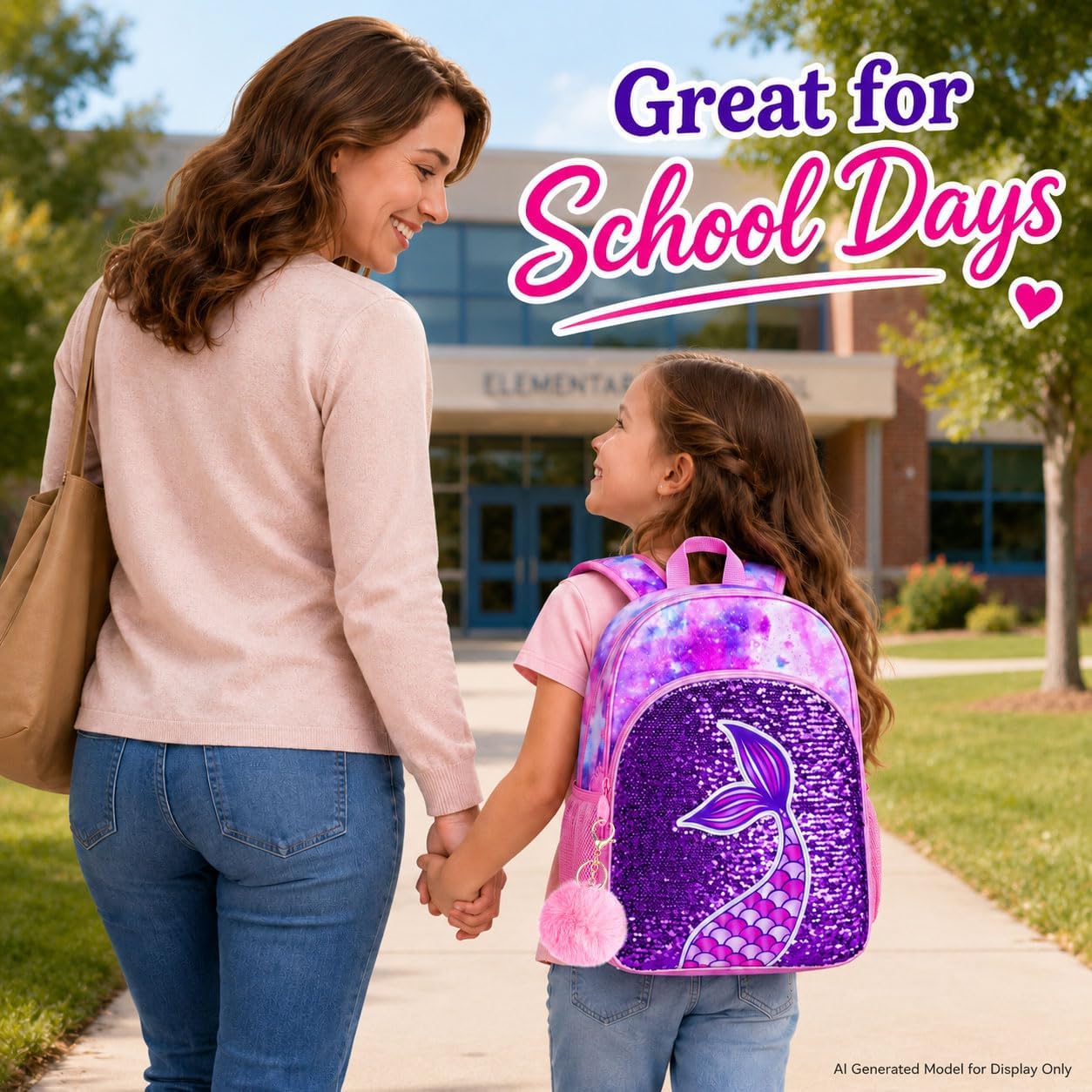 gxtvo 3PCS Girls Backpack, 16" Sequin Prechool Elementary Bookbag and Lunch Box