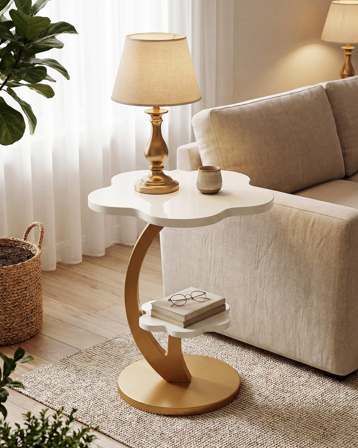 Tribesigns Beistelltisch, 2-stufiger Sofatisch, Blumen-Nachttisch mit C-förmigem goldenen Rahmen, Moderner luxuriöser Akzenttisch für Wohnzimmer, Schlafzimmer, kleine Räume, Gold + Weiß (1 Stück) Küche, Haushalt & Wohnen