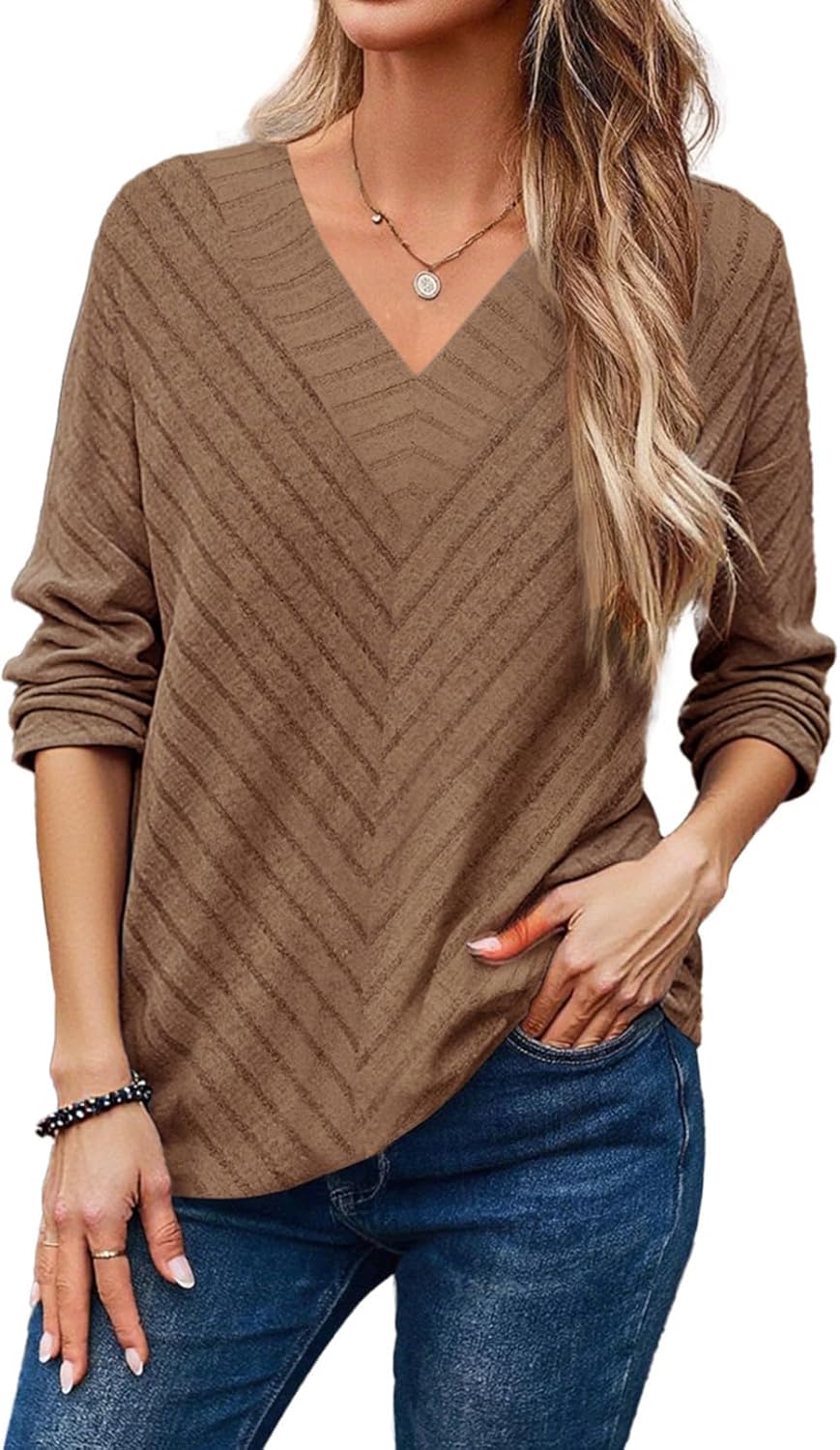 Dokotoo Long Sleeve Shirts for Women 2025 Fall V Neck Knitted Pullover Tunic Tops Womens Blouses Dressy Casual