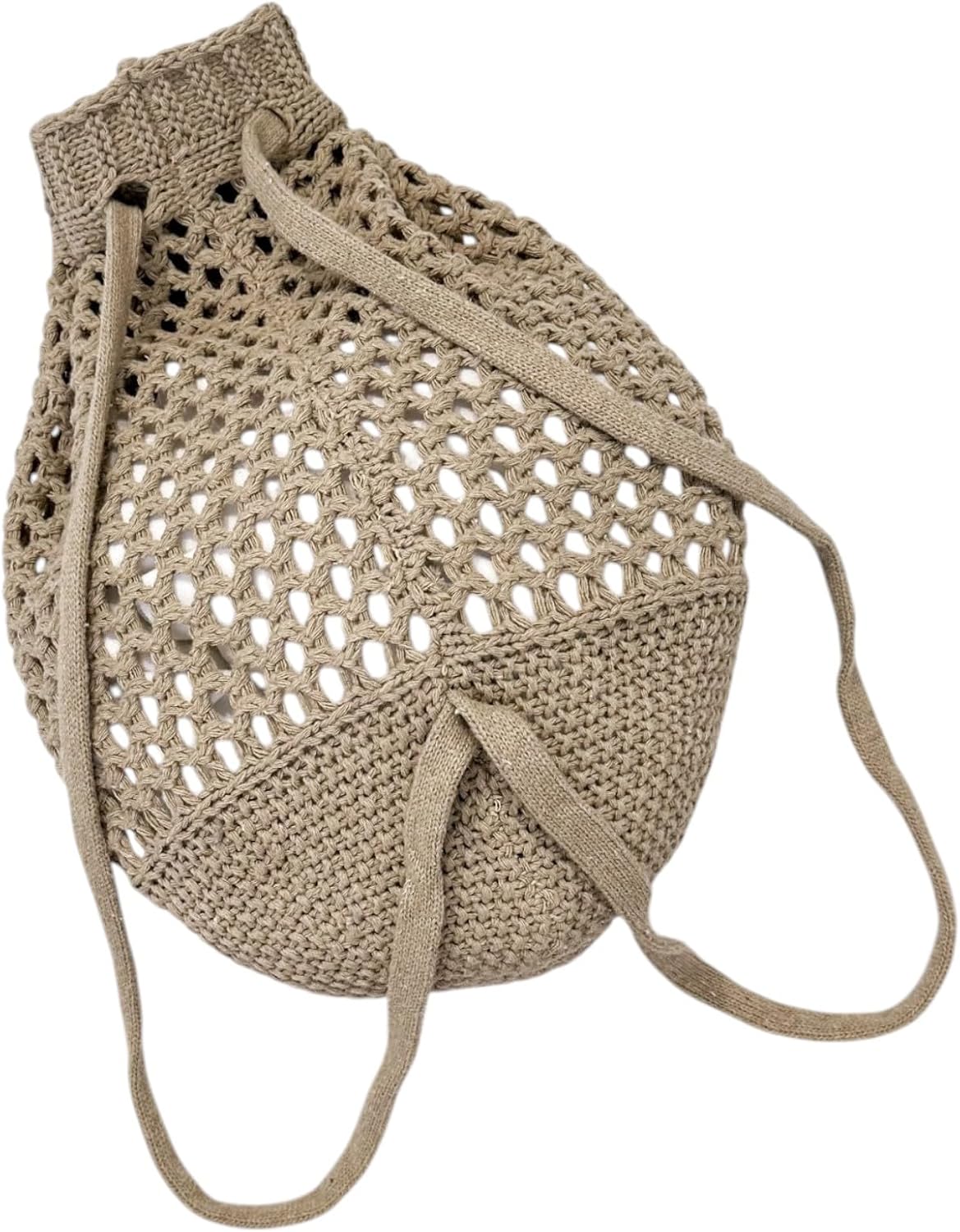 ENBEI Small Crochet drawstring Backpack Handmade crochet Purse for Beach,Travel, Beach Bag for Women,Lightweight Mesh Bag (khaki) - Image 4