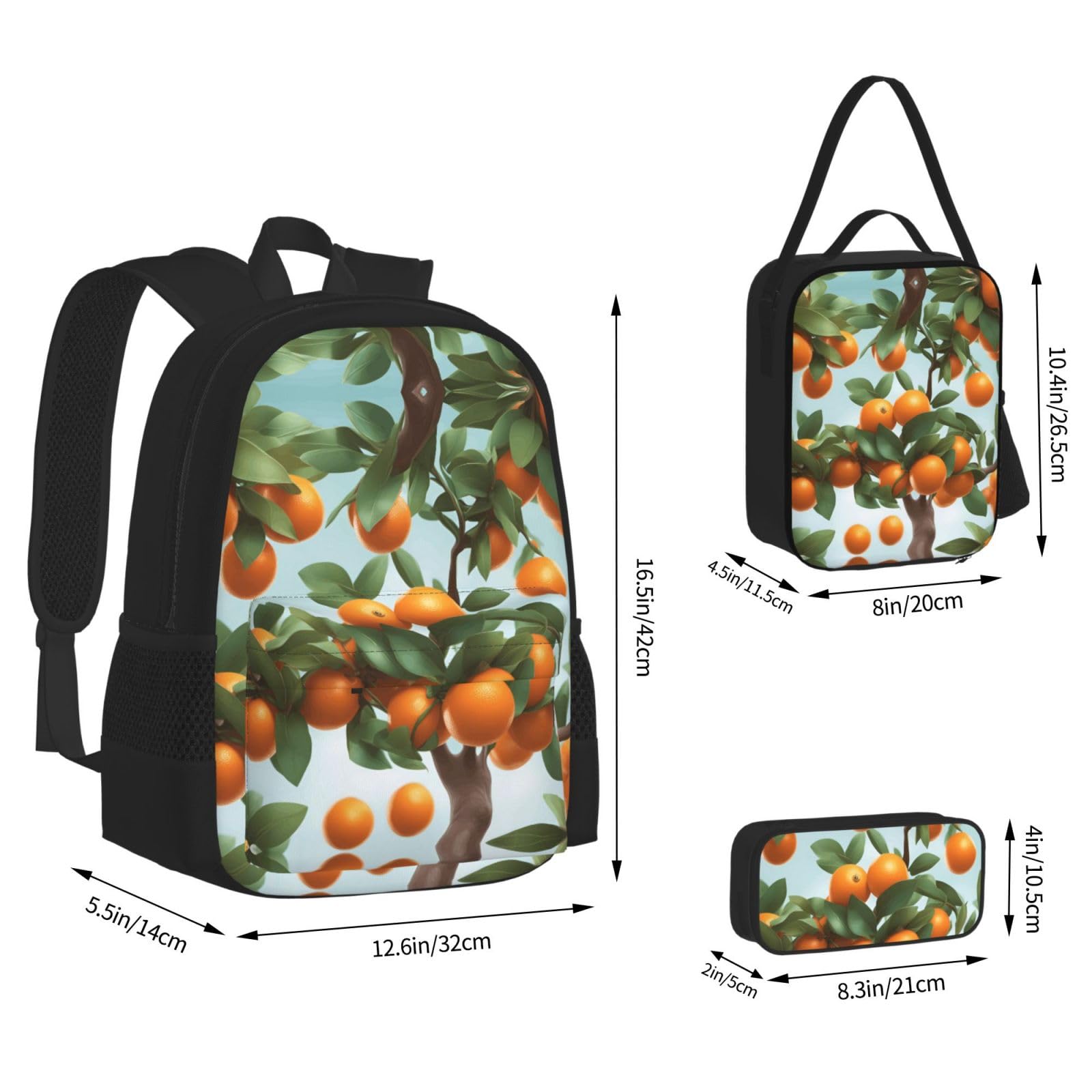 Set di 3 zaini per computer portatile con borsa termica per il pranzo e organizer per il lavoro con molte arancioni sull'albero