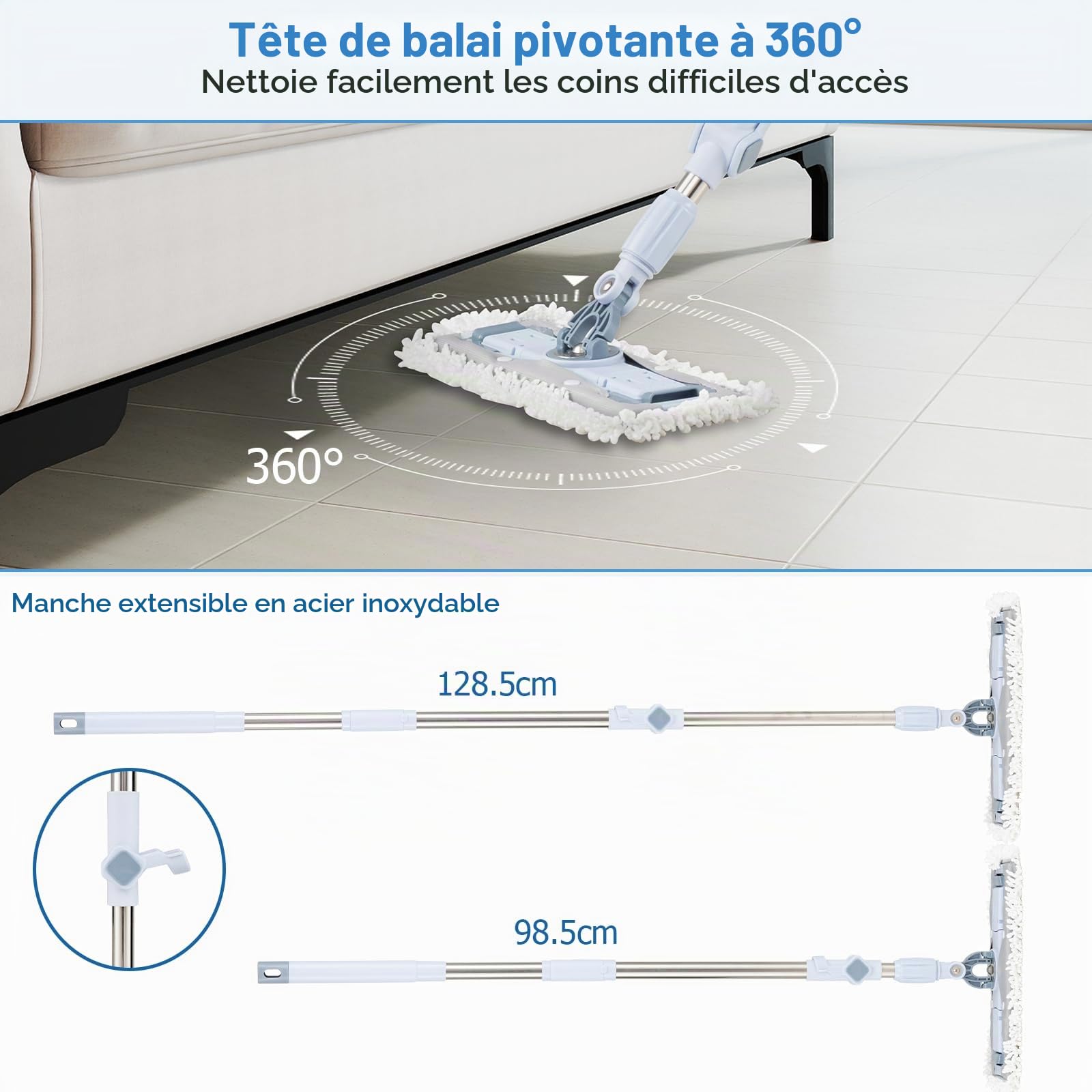 LIFEZEAL Seau et Balai à Franges, Balai Rotatif 360° avec Manche Télescopique, Seau 2 Compartiments et Essoreuse, Set de Nettoyage pour Sols (1 x Ensemble de balais à Franges)