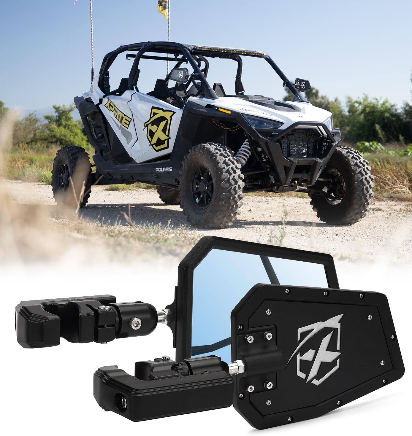 Xprite UTV Side Mirrors Fits 1.75"-2 Inch Roll Bar Cage, Heavy-Duty Aluminum Rear View Mirror Adjustable Bracket for Off-Road, SXS, Polaris RZR XP Pro Turbo, Can-Am Maverick X3 (X Logo)