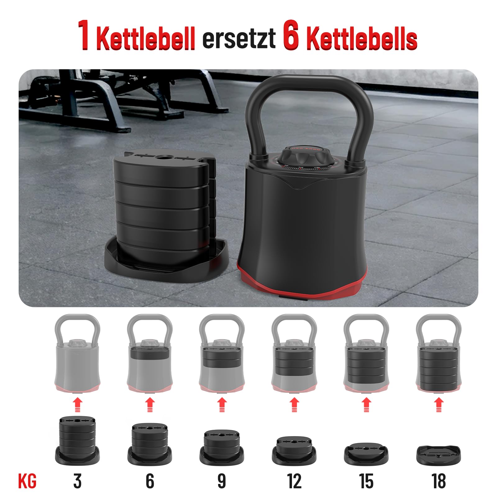 HXD-ERGO Verstellbare Kettlebell 6-in-1 (3–18 kg), Schnellwechsel-Gewicht, Breiter Griff, Kompakte Kugelhantel für Zuhause & Home Gym Training