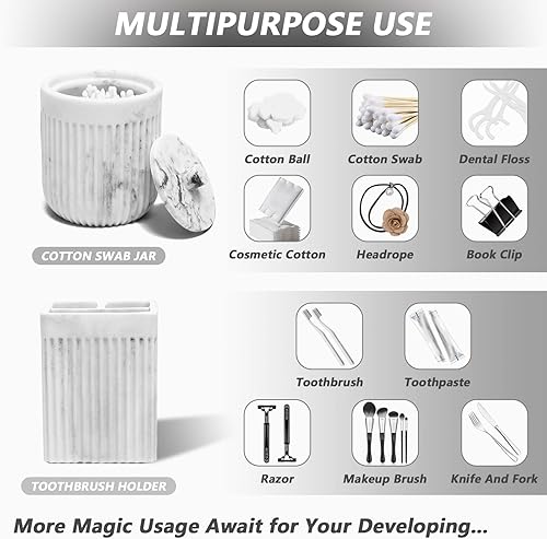 Miniatura 4 de Juego de 5 accesorios de baño de mármol blanco de resina, dispensador de jabón de loción, soporte para cepillo de dientes, vaso de baño, soporte