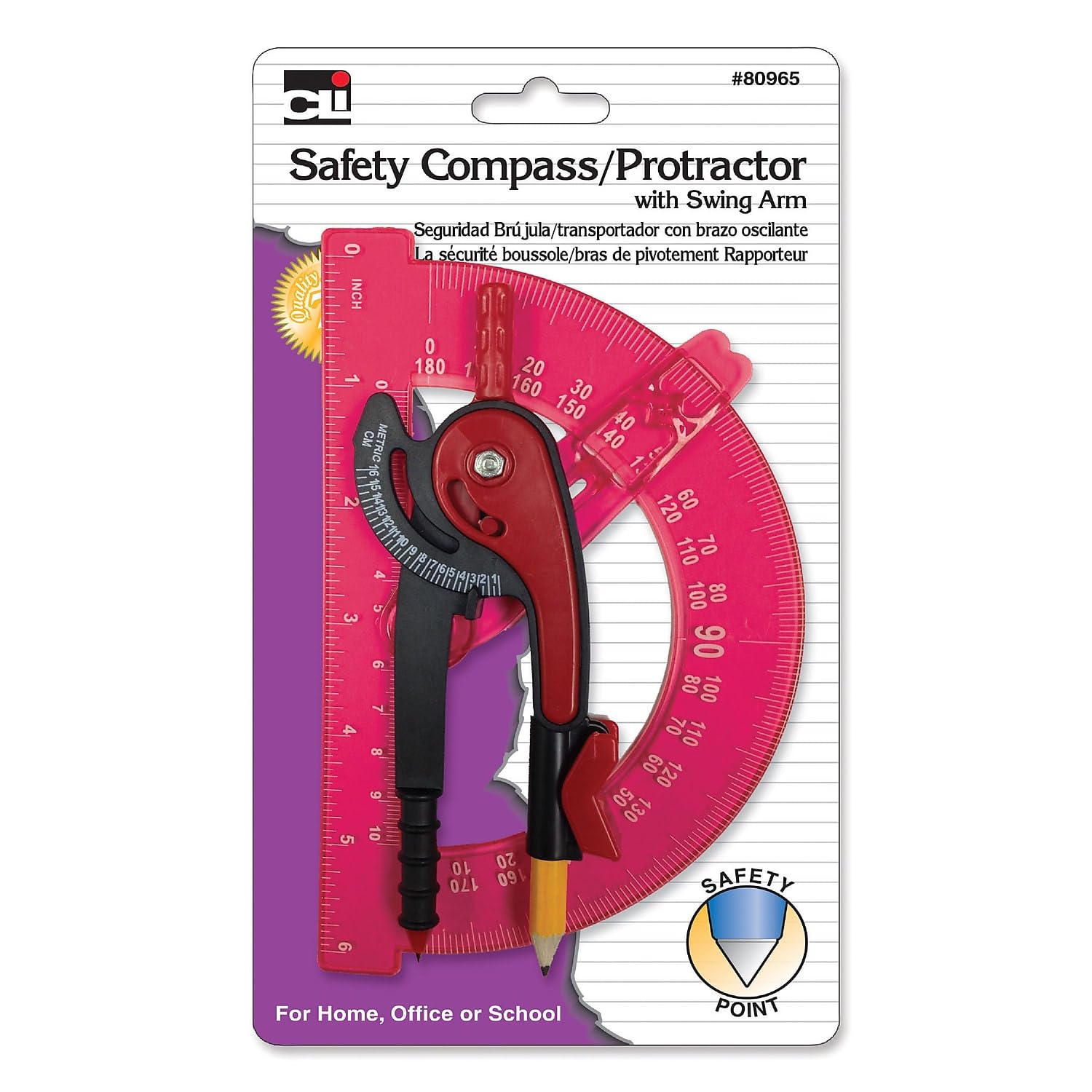 Charles Leonard Safety Compass & Swing ARM 15,2 cm goniometro, colori assortiti, 1 set/card, 12 carte (80965-st)