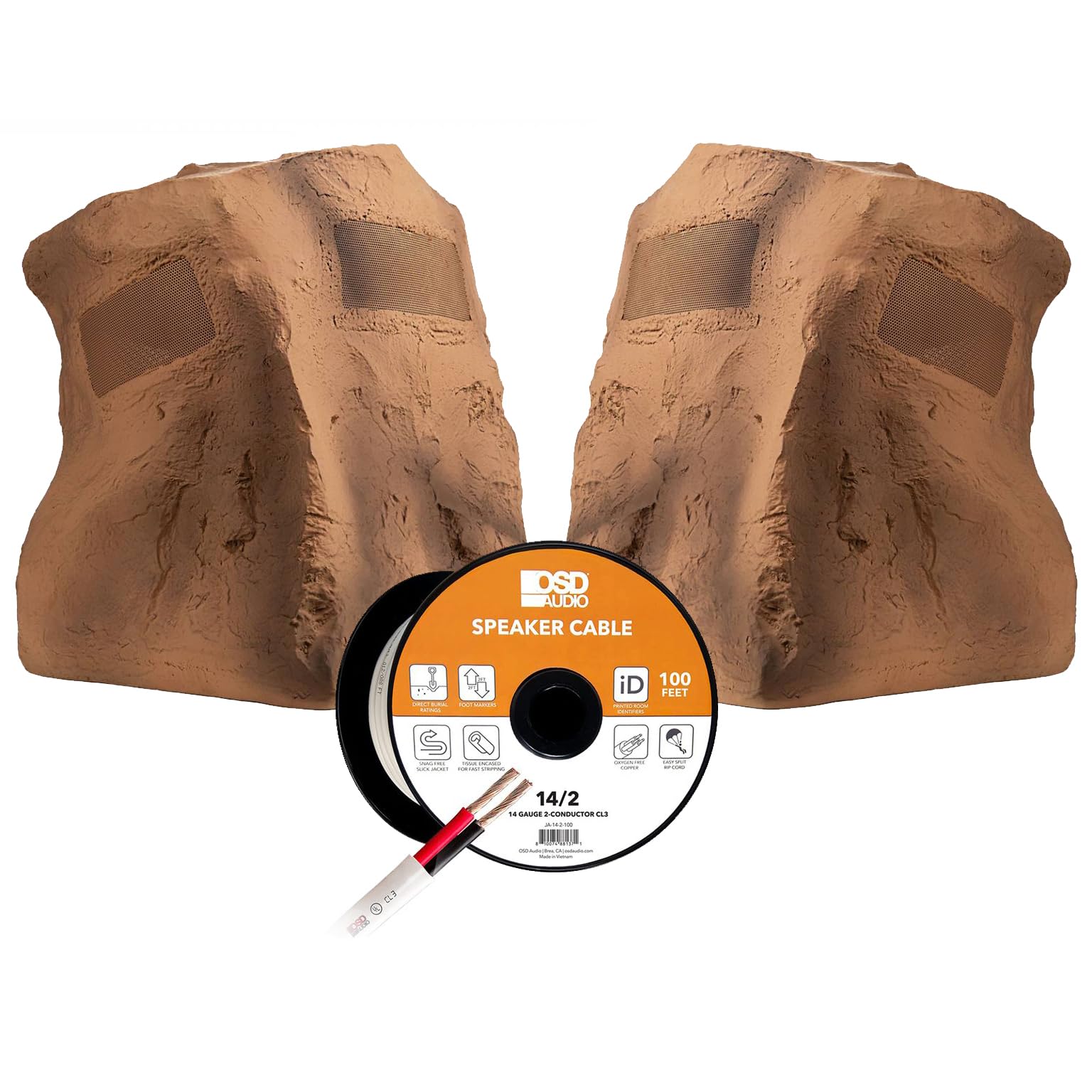 OSD 8" Omni Outdoor Rock Speaker 200W Brown (x2) + 14/2 Speaker Wire 14 AWG/Gauge 2 Conductor 100FT
