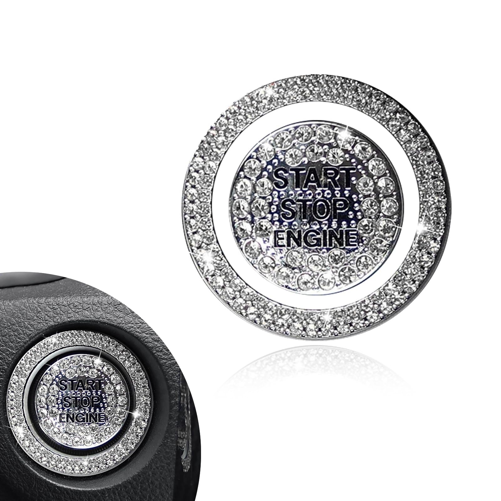 2 PCS Bling Car One-Button Start Button Bezel Decoration Kit, Ignition Switch Cover with Rhinestone Concave Letter Design, Sparkling Fashion Accessories, Suitable for Most Cars, White-image-7