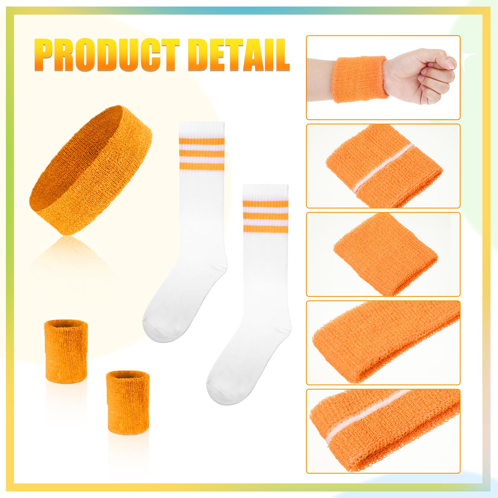 Hillban Sweatband Striped Socks Set Sports Cotton Headband Wristband 80s 90s Workout Athletic Accessory for Halloween Cosplay