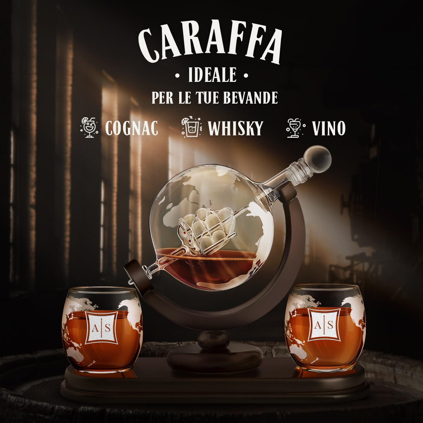 Maverton Decanter per Whisky in vetro - incisione personalizzata - Caraffa a forma di mappamondo da 850 ml + 2 bicchieri da whisky - idee regalo per anniversario - eleganza