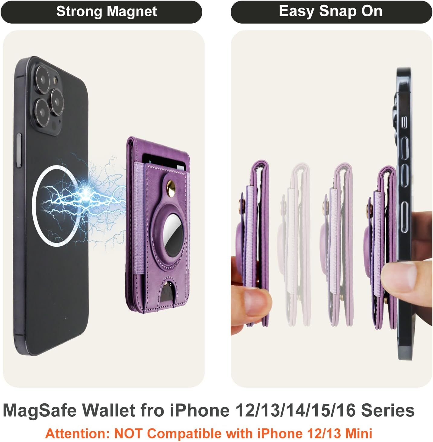 Bocasal for MagSafe Wallet Magnetic Card Holder for iPhone 17/16/15/14/13/12 Pro Max/Pro/Plus/Air, Adjustable Stand, Mag Safe, Leather Holder for Airtag, RFID Blocking, 5 Card Slots (Purple)