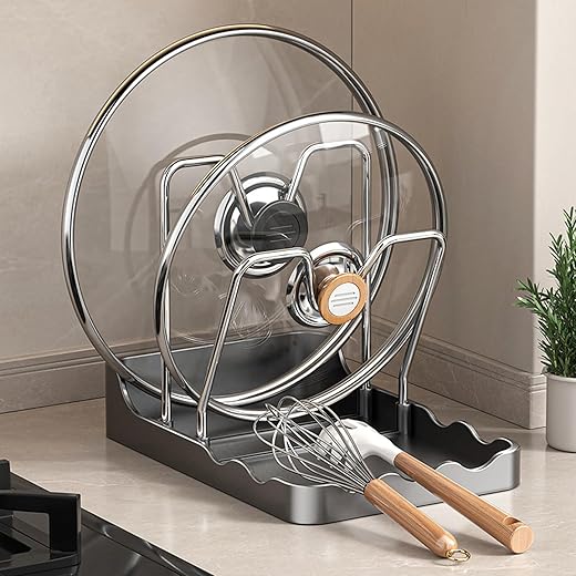Kitchen Pot Lid Storage Rack, Pot and Pan Organizer with Removable Drip Tray, Two-Compartment Spatula Holder Pot Lid Holder for Counter Stove Top Kitchen