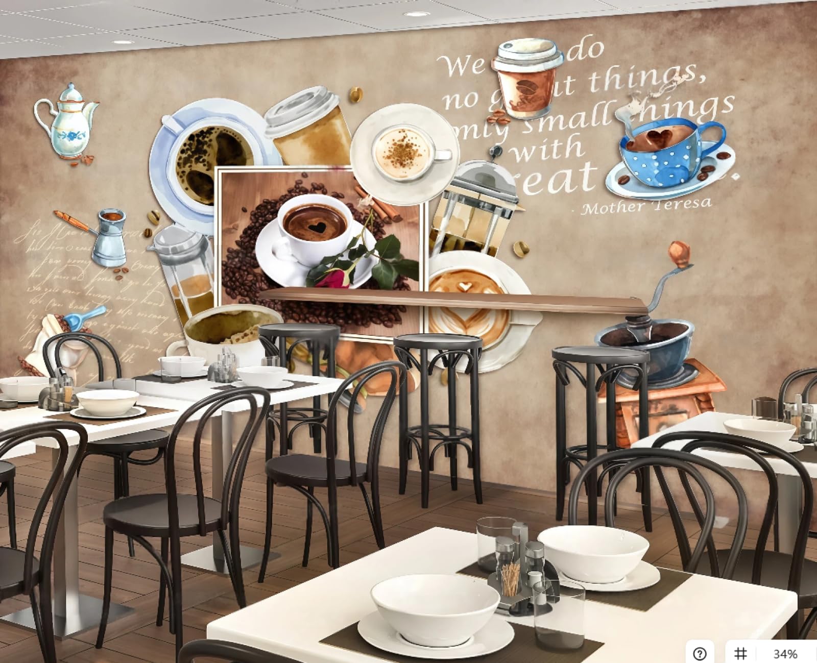 XDOUBAO Wallpaper Retro Hand-Painted Drinks Coffee Theme Dessert Bakery Afternoon Tea Western Restaurant Background Wall Wallpaper Coffee Shop Mural,3D,150x105cm