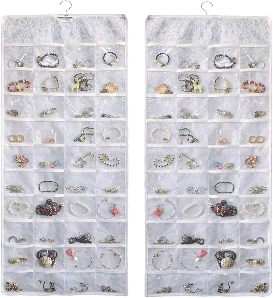 BB Brotrade Hanging Jewelry Organizer, Double Sided Jewelry Storage Organizer with Embossed Pattern, 80 Clear PVC Pockets for Hold
