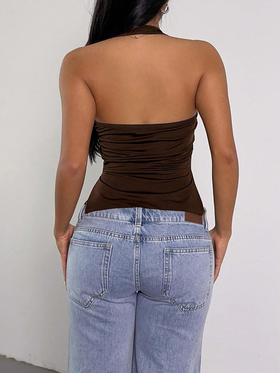 QJQ Women‘s Y2K Halter Backless Top Scoop Neck Low Cut Ruched Side Slit Sleeveless Slim Fit Tank Tops - Image 2