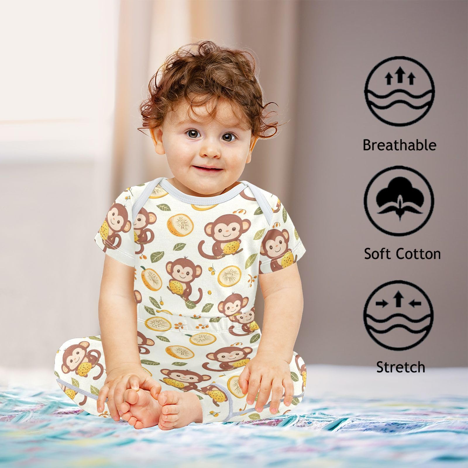 vvfelixl Cute Golden Monkey Eat Fruit Baby Bodysuits Set,Baby Layette Sets Unisex Short Sleeve Babys Pants Sets 6-9M
